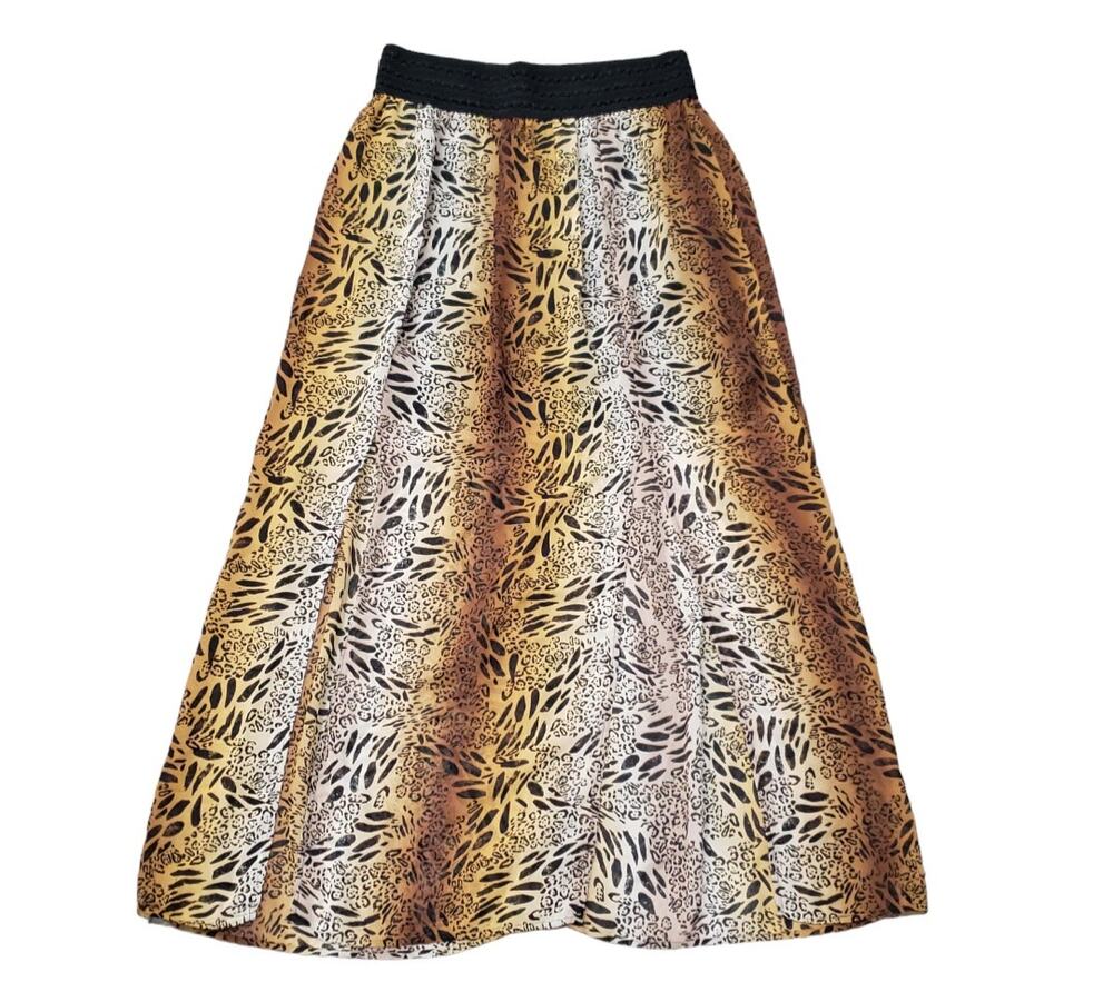 No Boundaries Cheetah / Tiger Print Elastic Carwash Flowy Slit Front Maxi Skirt
